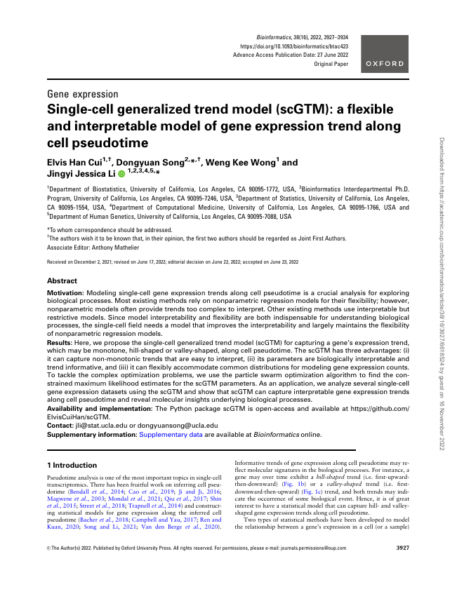First page of the scGTM article in Bioinformatics