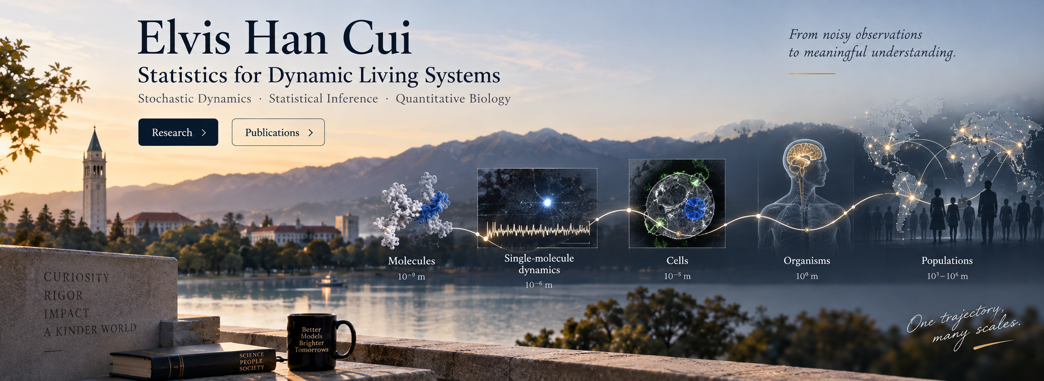 Conceptual research landscape connecting molecular observations, photon-counting traces, cells, organisms and populations.